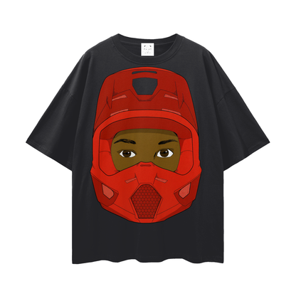 Red Helmet Streetwear Loose Drop Shoulder T-Shirt